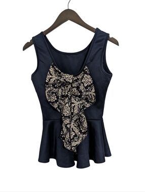 NWT Alt. B Peplum Blouse Navy Blue Bow Accent Women's S